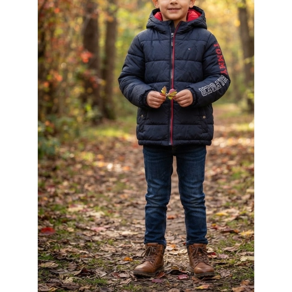 Tommy Hilfiger Boys Navy Blue Puffer Jacket Red Fleece Hood Logo Size 8 S